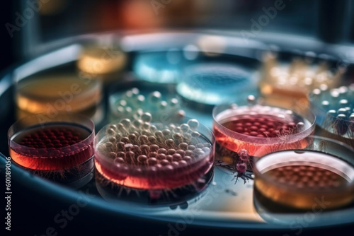 Petri dish with virus culture and blue background for biotechnology concept is AI Generative.