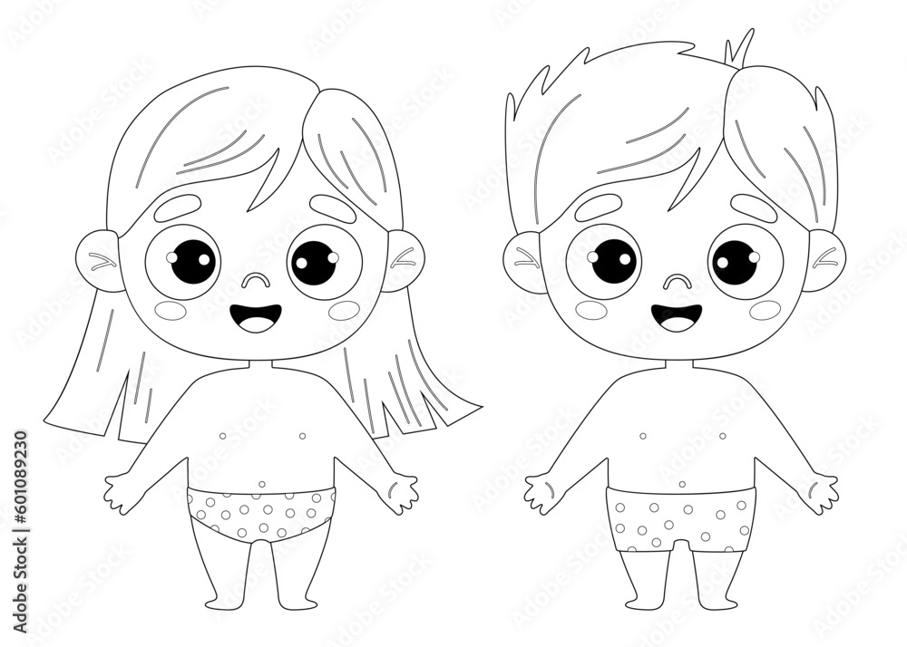 Two cute smiling kids in shorts. Outline drawing coloring book. Vector illustration. Childrens collection. Drawing coloring book. Isolated funny kids on white background Two cute smiling kids in shorts. Outline drawing coloring book. Vector illustration. Childrens collection. Drawing coloring book. Isolated funny kids on white background