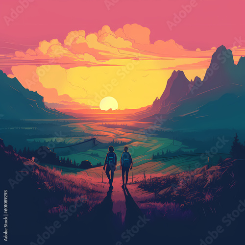 silhouette of a couple hiker in the mountains. Generative AI