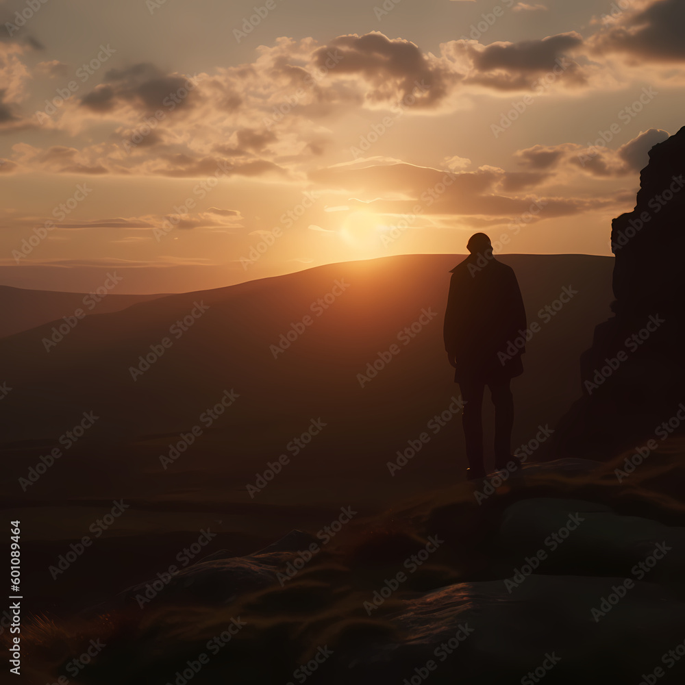 Silhouette of a person on the top of the mountain. Generative AI