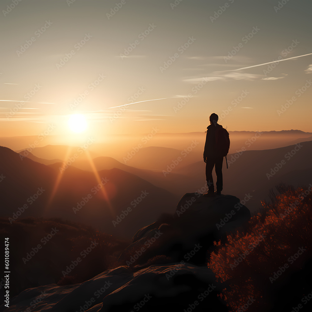 Silhouette of a person on the top of the mountain. Generative AI