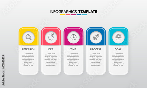 Business infographic template process with simple geometry square, rectangle, circle, triangle, curves in flat design template with thin line icons and 5 options or steps. Vector illustration.