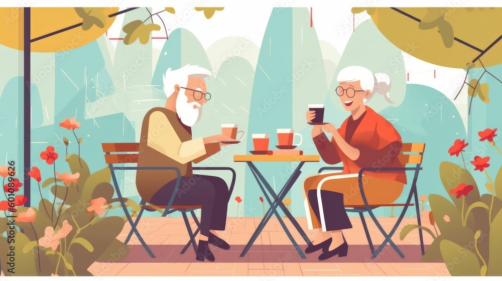 Vector illustration of elderly couple drinking coffee