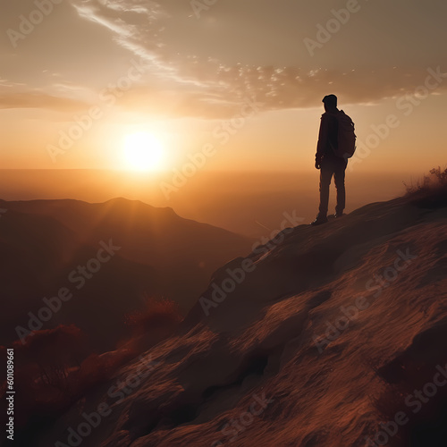 Silhouette of a person on the top of the mountain. Generative AI © premiumdesign