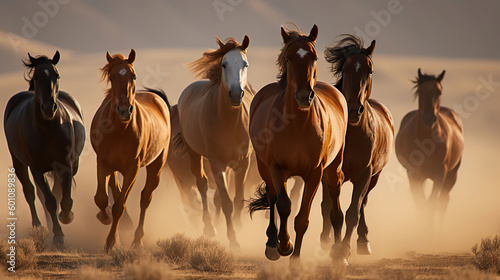 Magnificent wild horses racing across the valley plains on a bright sunny day. Generative AI