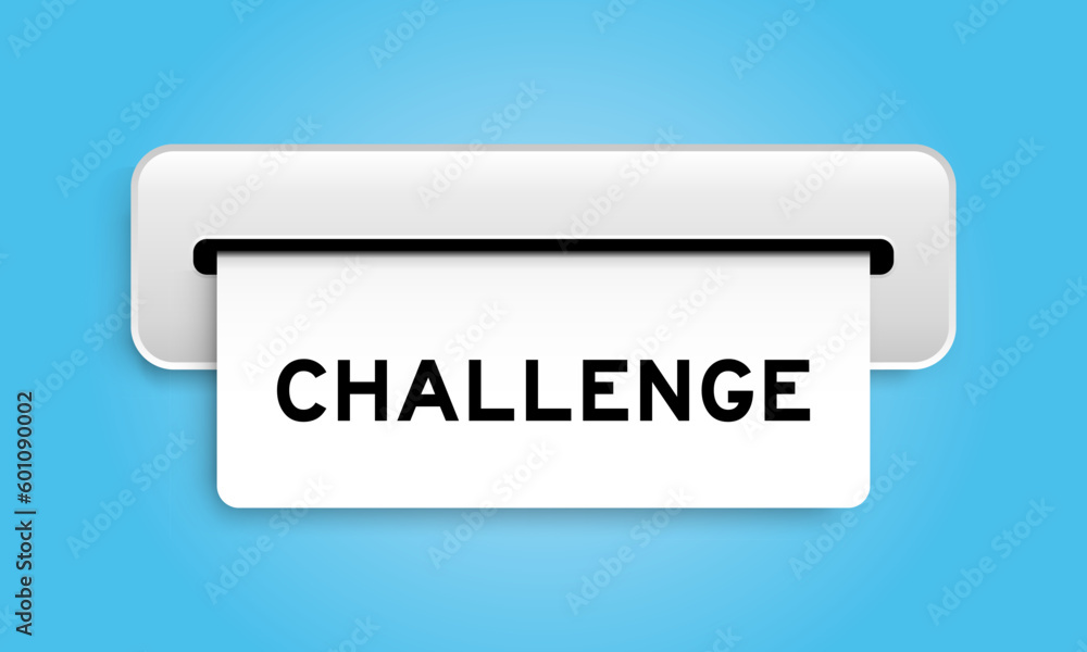 White coupon banner with word challenge from machine on blue color background White coupon banner with word challenge from machine on blue color background