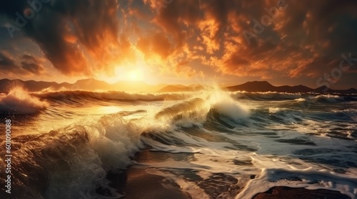 Monstrous sea storm waves in the sunset warm rays