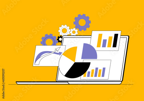 Various data in graphs and charts are open on the laptop monitor. Vector illustration on the topic of business analysis and processing.