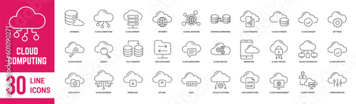 Cloud computing editable stroke outline icons set. Cloud, computing, technology, networking, data, server, database and internet. Vector illustration.