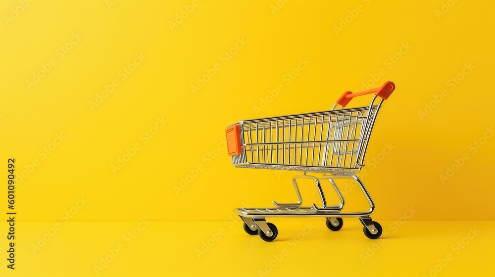Shopping concept with a shopping cart on a yellow background Shopping concept with a shopping cart on a yellow background