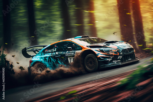 Racing car driving fast in a dynamic picture, forest rally 