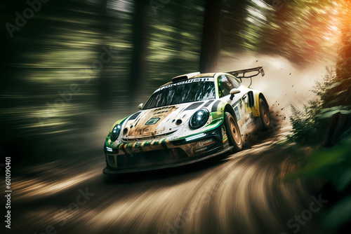 Racing car driving fast in a dynamic picture, forest rally 