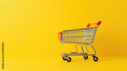 Shopping concept with a shopping cart on a yellow background