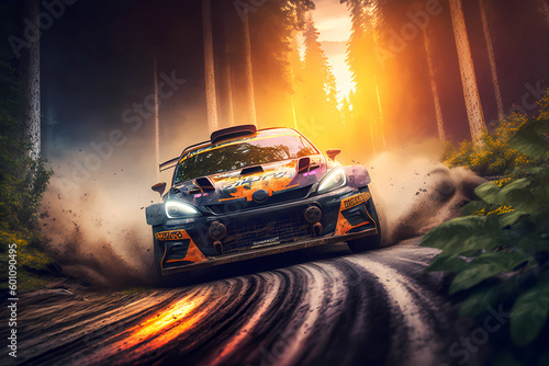 Racing car driving fast in a dynamic picture, forest rally  photo