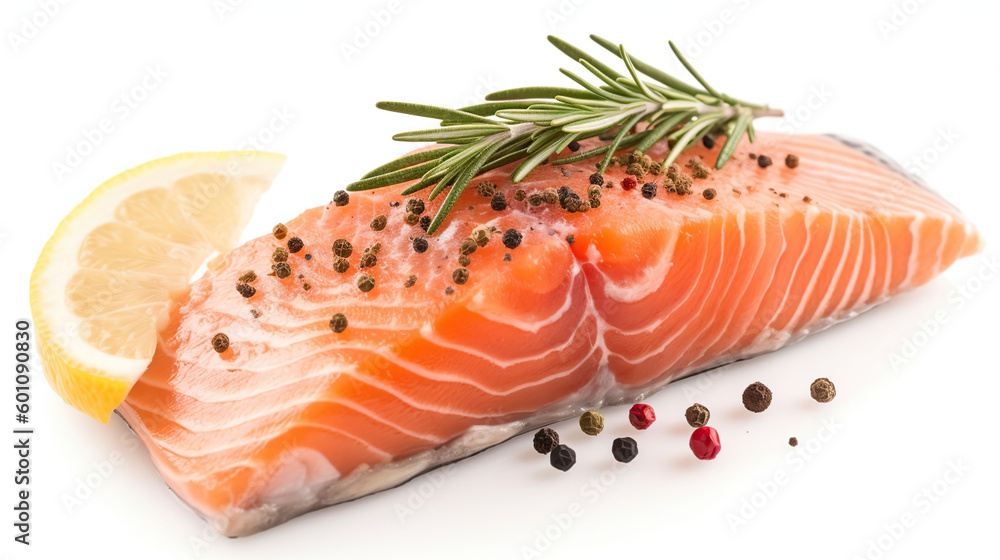 Slice of red fish salmon with lemon, rosemary and peppercorns isolated on white background. Top view, Generative AI Slice of red fish salmon with lemon, rosemary and peppercorns isolated on white background. Top view, Generative AI