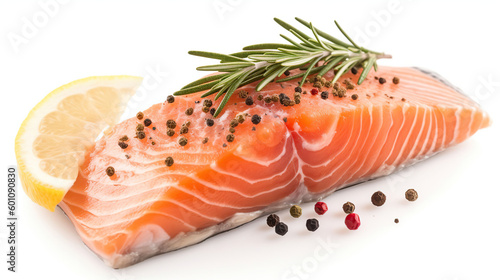 Slice of red fish salmon with lemon, rosemary and peppercorns isolated on white background. Top view, Generative AI