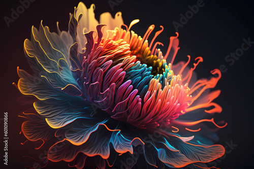 Beautiful flower painted with colorful neon watercolors on black background 