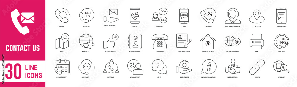 Contac Us editable stroke outline icons set. Phone, call, customer service, mobile, support message and email. Vector illustration. Contac Us editable stroke outline icons set. Phone, call, customer service, mobile, support message and email. Vector illustration.