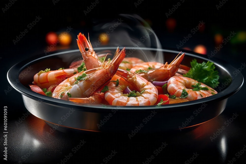 food dish with shrimp inside. Generative AI.