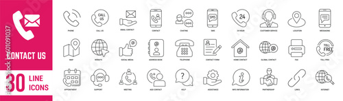 Contac Us editable stroke outline icons set. Phone, call, customer service, mobile, support message and email. Vector illustration.