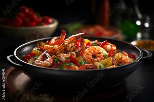 food dish with shrimp inside. Generative AI.