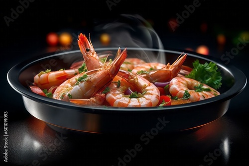 food dish with shrimp inside. Generative AI.