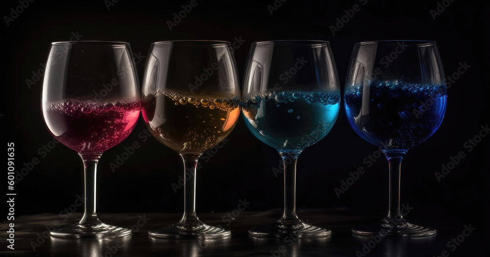 Variety in Glass: Four wine glasses with different colored liquid, each half-filled, sitting on a dark background. Generative AI Variety in Glass: Four wine glasses with different colored liquid, each half-filled, sitting on a dark background. Generative AI
