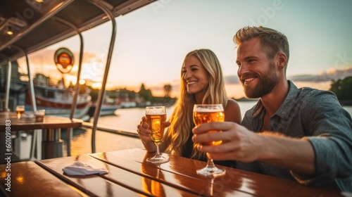 Happy couple drinking beers on a houseboat patio