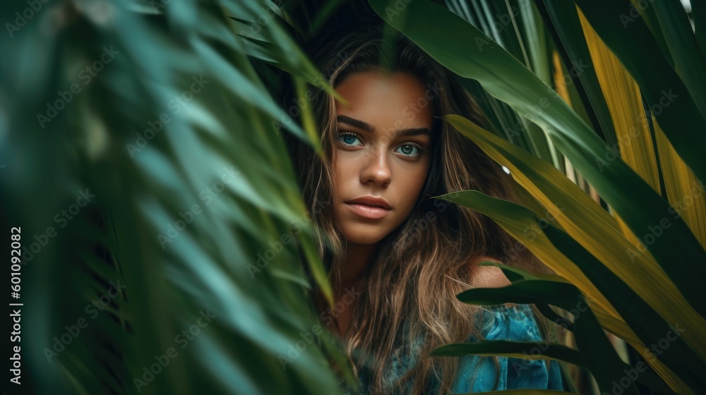 Beautiful girl surrounded by tropical leaves Beautiful girl surrounded by tropical leaves