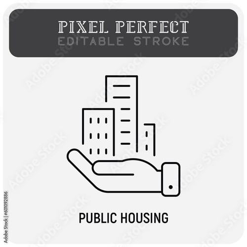 Public housing, affordable housing for immigrants. Building in hand thin line icon. Vector illustration.