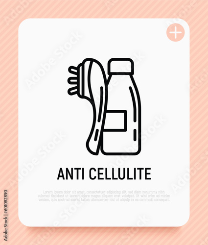 Anti cellulite treatments thin line icon: body massager and body oil in glass bottle. Modern vector illustration for beauty shop.