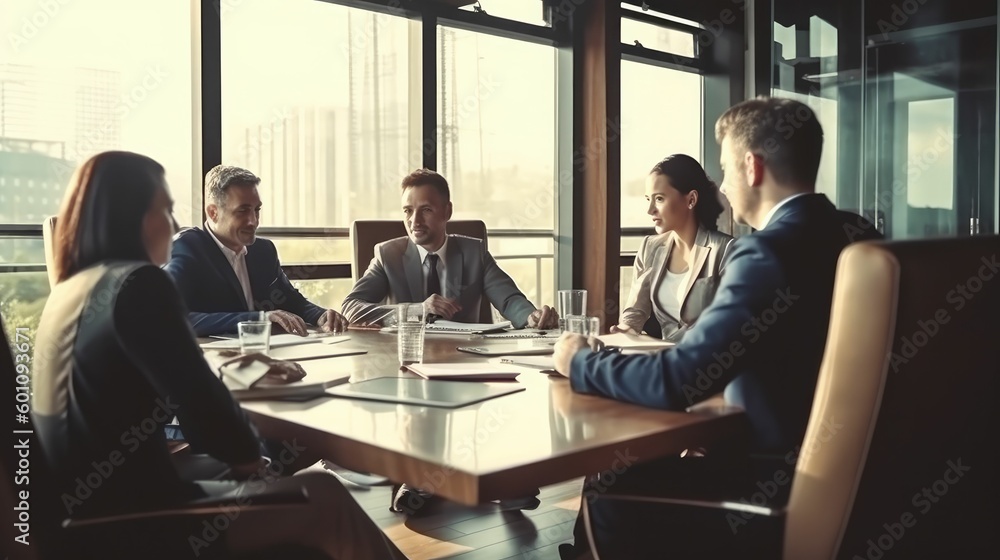 Business people negotiating and discussing at a desk Business people negotiating and discussing at a desk