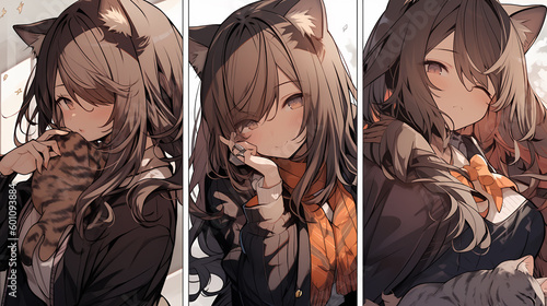 three panels of manga fox female, in the style of warm tones, 8k, nightcore, dark brown, algeapunk, close-up intensity, ferrania high quality improved generative ai photo