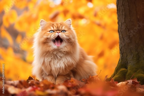 Full-length portrait photography of a smiling persian cat meowing against a rich autumn landscape. With generative AI technology