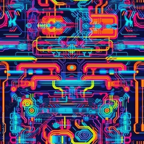 seamless tillable patterns of Abstract sci-fi cyberpunk neon generative ai items photo