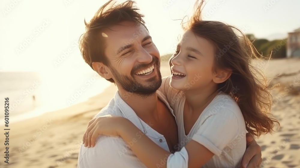 Obraz premium Happy family hugging on a sunny beach