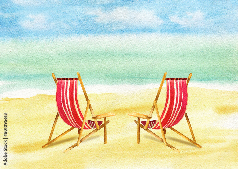 watercolor pair of sunbed on the sea coast, red and white striped deckchairs on the beach, sketch of seascape, summer illustration watercolor pair of sunbed on the sea coast, red and white striped deckchairs on the beach, sketch of seascape, summer illustration