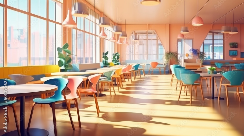 Modern cafeteria/canteen interior with chairs