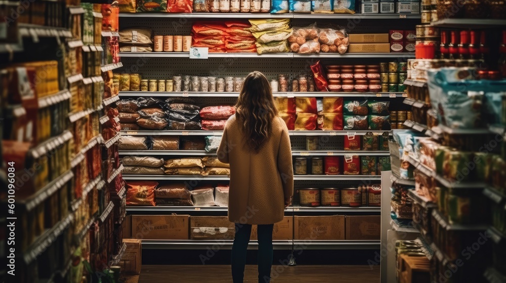 Woman shopping between store shelves Woman shopping between store shelves