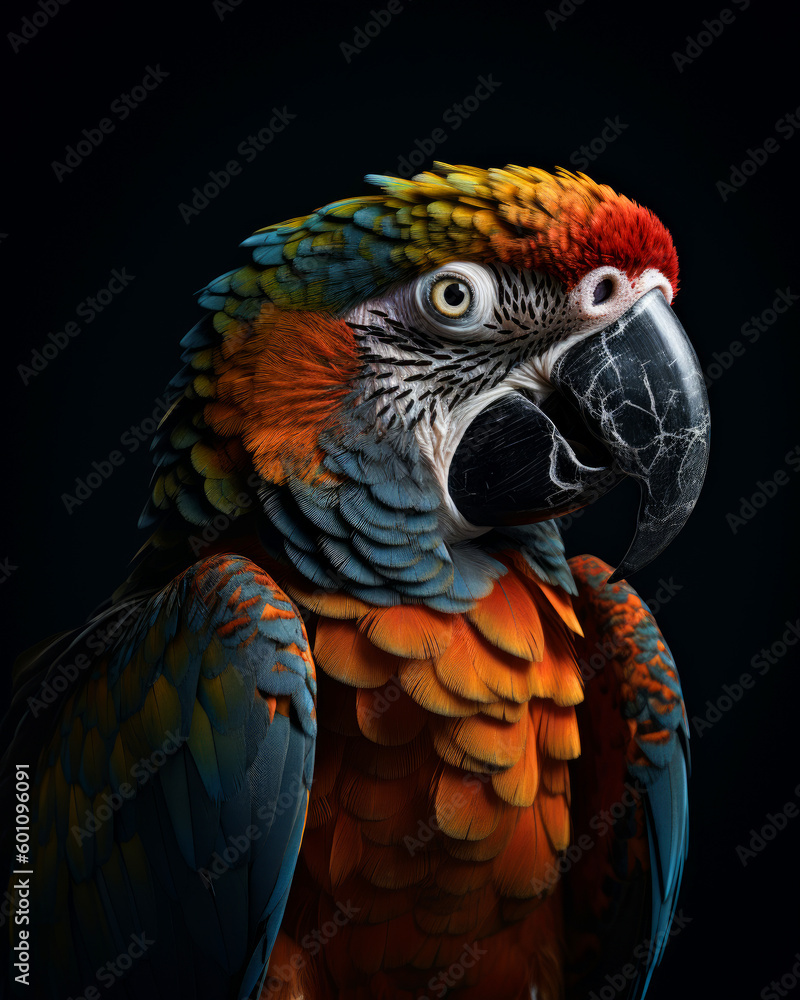 Obraz premium Pretty parrot on dark background. Portrait of colorful exotic bird. generative ai.