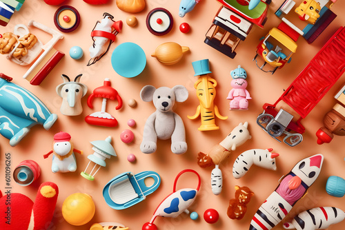 Different kids toys on Top view, flat lay. ai generated art Generative AI