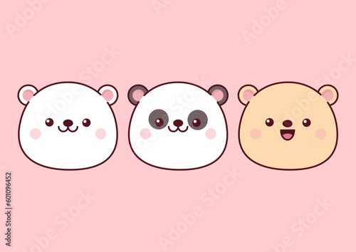 Foto Set of panda and bear heads in kawaii style