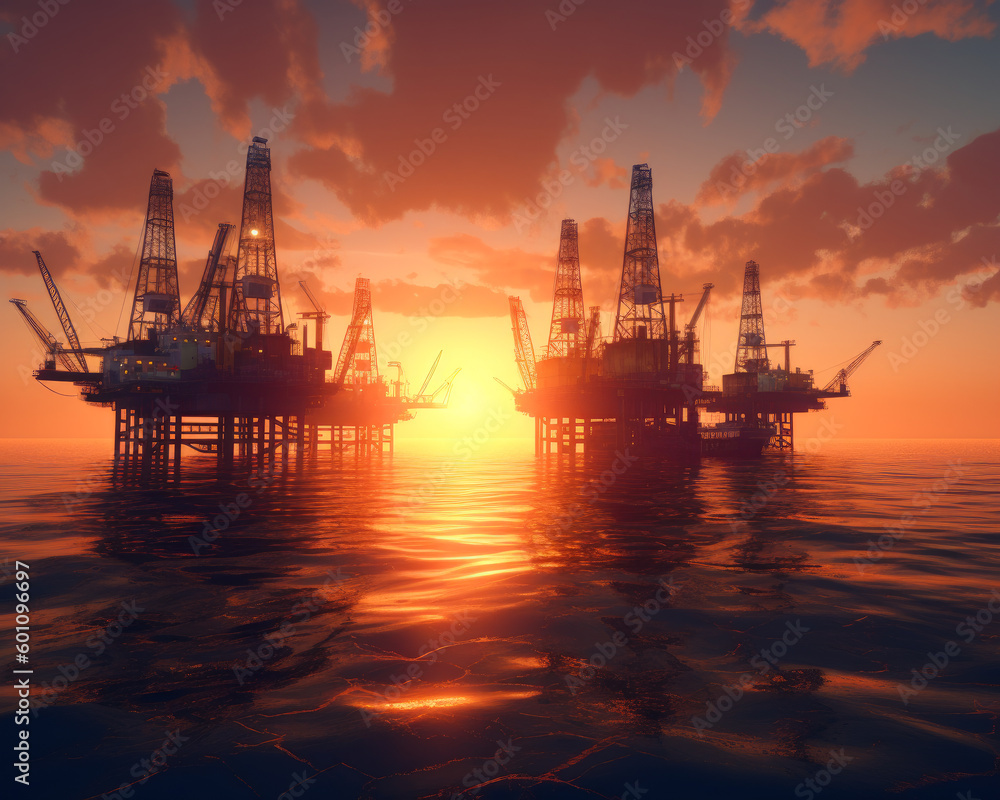 Platform silhouette gas dig scenery. Oil digging in ocean. generative ai.