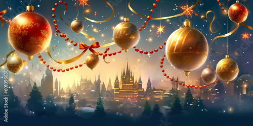 3D design of colorful Christmas decorations with city detail in the background. Merry Christmas wallpaper, background, banner for web design. Seasonal greeting card. Generative AI. © Czintos Ödön