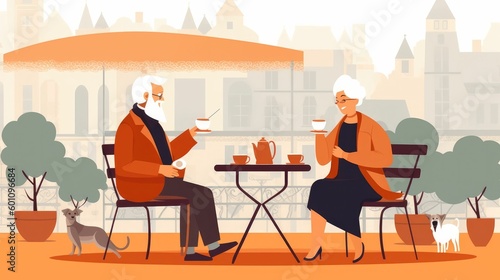 Vector illustration of elderly couple drinking coffee together