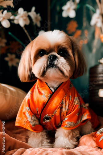 Stylishly dressed Shih Tzu in a cozy home interior
