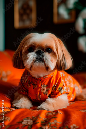 Home interior cuteness: Shih Tzu dog in trendy orange outfit