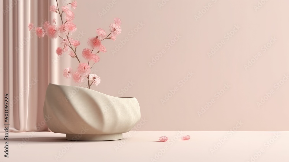 3D display podium with beige background and curtain in pink 3D display podium with beige background and curtain in pink