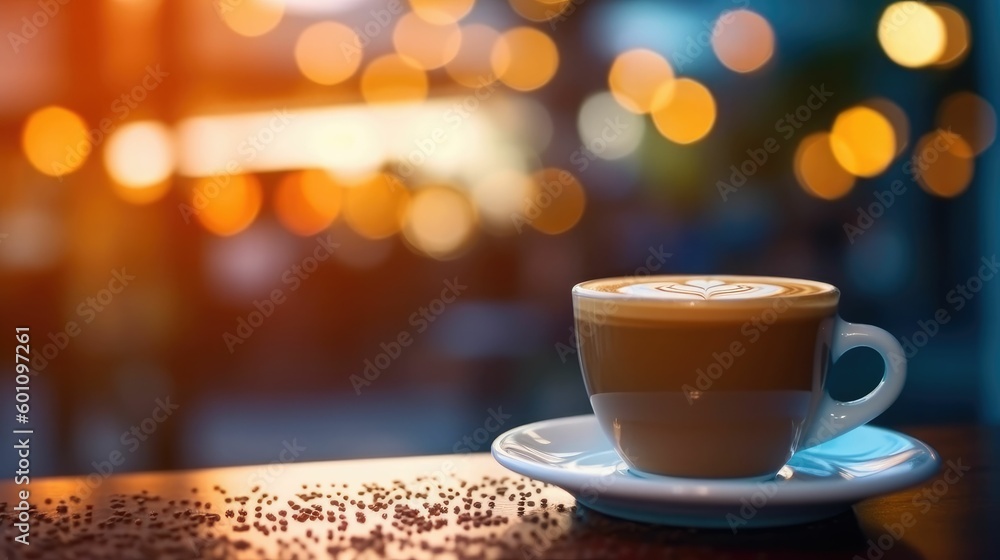 Obraz premium Blurry cafe scene with coffee and bokeh background