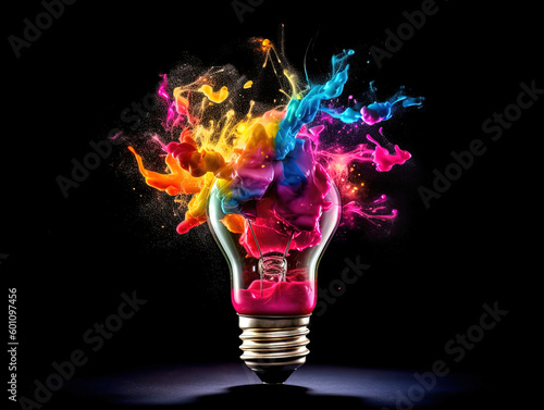 Creative light bulbs explode with colorful paint and splash on a black background. Think differently creative idea concepts, Generative AI